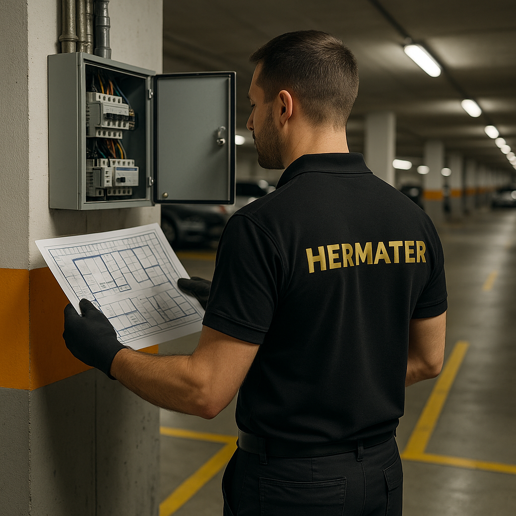 Técnico de Hermater inspeccionando cuadro eléctrico y plano de garaje comunitario como parte del proceso de desclasificación de garajes