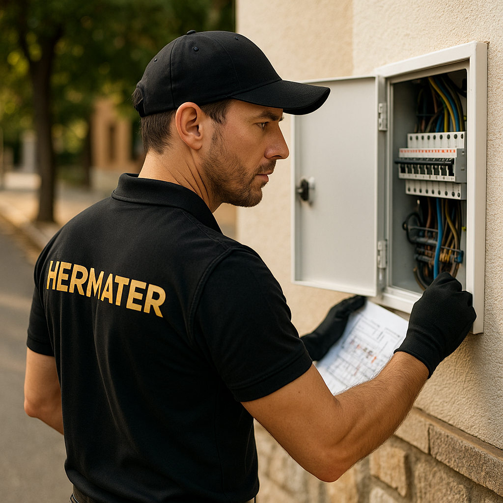 Oficial de primera electricista visionando un cuadro electrico para realizar un boletín electrico